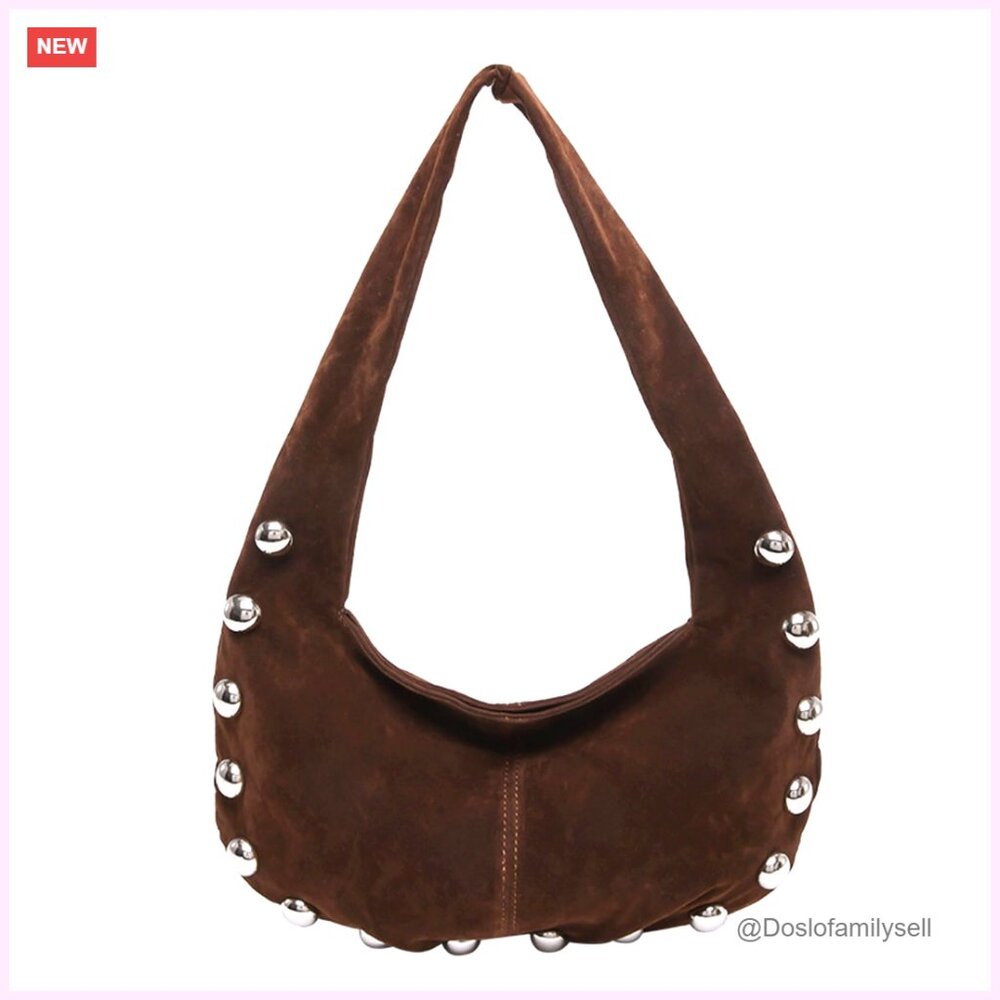 Suede Hobo Shoulder Bag with Studded Silver Ball Rivets Trendy Alt Design